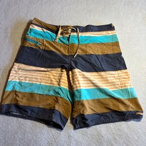 Patagonia Mens Striped Board Shorts Size 33 Brown Teal Orange Swim Trunks